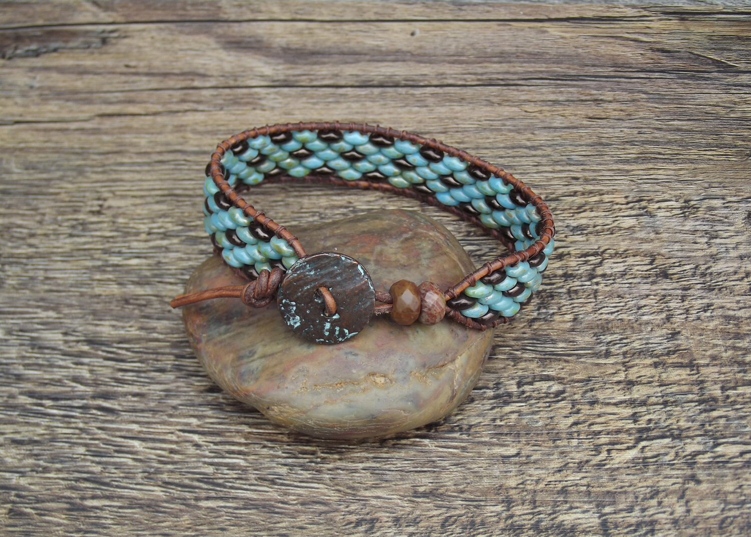 Beaded leather bracelet - Beaded bracelet - Czech glass bracelet