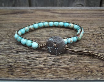 Turquoise leather wrap bracelet - Beaded wrap bracelet - Turquoise Howlite bracelet