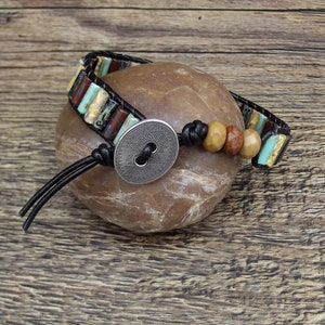 Beaded Leather Wrap Bracelet: Picasso Czech Glass, Jasper, Tribal Button
