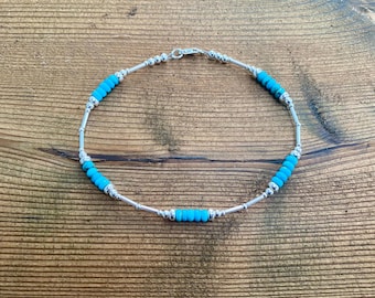 Sterling Silver Turquoise Anklet: Beaded Gemstone Ankle Bracelet
