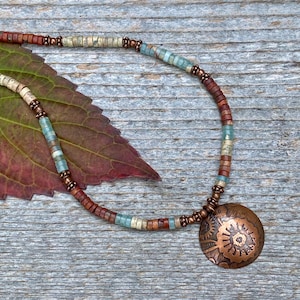 Copper etched necklace - Beaded Necklace - Boho Necklace - Earthy Necklace - Copper etched Pendant