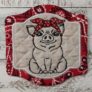 5&quot; x 5&quot;  - PIG Handkerchief- Cute Mug Rug Coaster - Whimsical - Quilted - Embroidered - NEW - Washable - Great Gift - Coffee Mat Candle