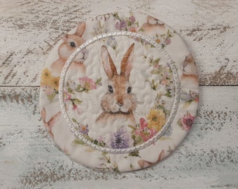Bunny Rabbit Flower - Cute Mug Rug Coaster - 5" x 5" - Whimsical - Quilted - Embroidered - NEW - Washable - Great Gift - Coffee Mat - Candle
