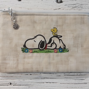 Snoopy Flowers - 5&quot; x 7&quot; - Embroidered Fabric Zipper Bag - Fully Lined - Lobster Claw Clasp - Pencil Pouch - Makeup 100% Cotton Handmade