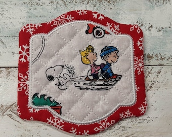 Snoopy  - Super Cute Mug Rug Coaster - 5&quot; x 5&quot; - Whimsical - Quilted - Embroidered - NEW - Washable - Great Gift - Coffee Mat - Candle