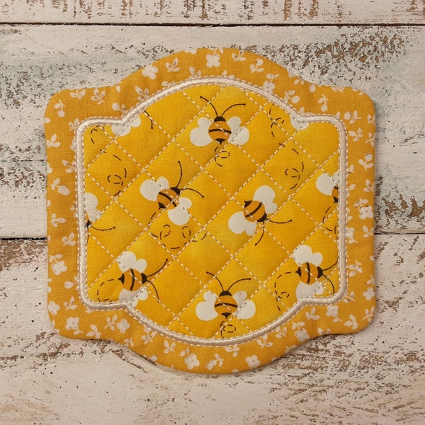 Bees - Super Cute Mug Rug Coaster - 5" x 5" - Whimsical - Quilted - Embroidered - NEW - Washable - Great Gift - Coffee Mat - Candle