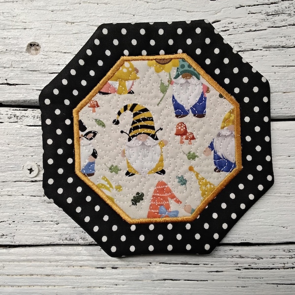 Gnomes - Flowers - Cute Mug Rug Coaster - 5" x 5" - Whimsical - Quilted - Embroidered - NEW - Washable - Great Gift - Coffee Mat - Candle