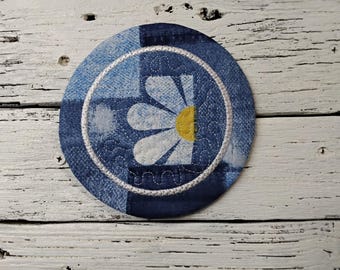 5" Round - Daisy and Denim - Cute Mug Rug Coaster - Whimsical - Quilted - Embroidered - NEW - Washable - Great Gift - Coffee Mat Candle