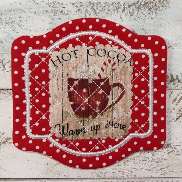 Hot Cocoa Patchwork - Cute Mug Rug Coaster - 5" x 5" - Whimsical - Quilted - Embroidered - NEW - Washable - Great Gift - Coffee Mat  Candle