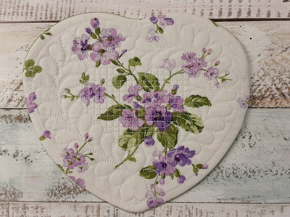 Flowers Shabby Chic Mug Rug Coaster - 7" x 8" Large - Whimsical - Quilted - Embroidered - NEW - Washable - Great Gift - Coffee Mat - Candle
