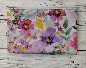 Floral Project Zipper Bag - 5" x 7" Finished - Sidekick - Makeup Bag -  CrossStitch - Sewing - 100% Cotton - Homemade - Durable