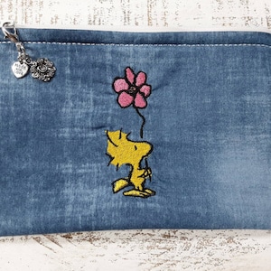 Woodstock Snoopy Embroidered Fabric Zipper Bag - Fully Lined - Lobster Claw Clasp - 5&quot; x 7&quot; Pencil Pouch - Makeup 100% Cotton Handmade