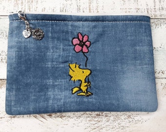 Woodstock Snoopy Embroidered Fabric Zipper Bag - Fully Lined - Lobster Claw Clasp - 5" x 7" Pencil Pouch - Makeup 100% Cotton Handmade