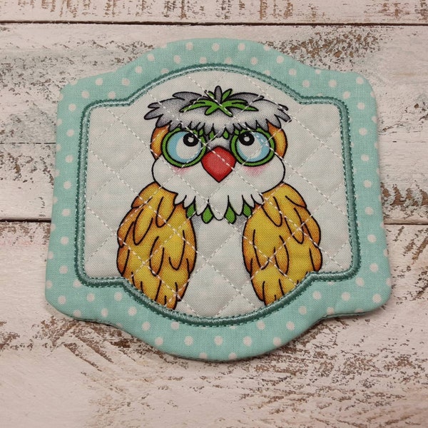 OWL - Super Cute Mug Rug Coaster - 5" x 5" - Whimsical - Quilted - Embroidered - NEW - Washable - Great Gift - Coffee Mat - Candle...