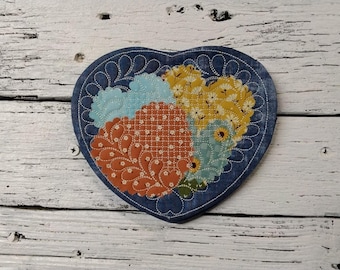HEART - Patchwork - Cute Mug Rug Coaster - 5" x 5" - Whimsical - Quilted - Embroidered - NEW - Washable - Great Gift - Coffee Mat - Candle