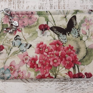 5&quot;x7&quot; - Butterfly Flowers Notions Sidekick - Zipper Bag - Fully Lined - No Exposed Seams- Makeup Phone  Misc Storage  100% Cotton Handmade