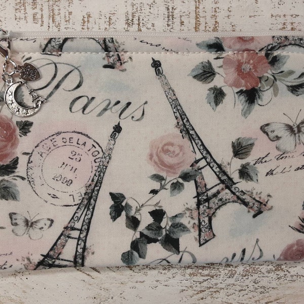 Paris Effiel Tower- Shabby Chic - Zipper Bag - Fully Lined - 5" x 7" - No Exposed Seams- Makeup Phone  Misc Storage  100% Cotton Handmade