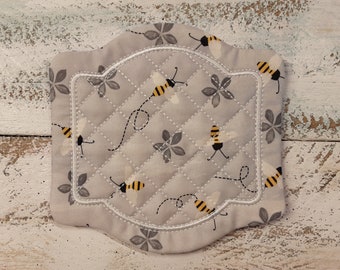 Bees - Super Cute Mug Rug Coaster - 5" x 5" - Whimsical - Quilted - Embroidered - NEW - Washable - Great Gift - Coffee Mat - Candle