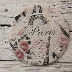 5&quot; Round - Paris Eiffel Tower - Mug Rug Coaster - Whimsical - Quilted - Embroidered - NEW - Washable - Great Gift - Coffee Mat - Candle...