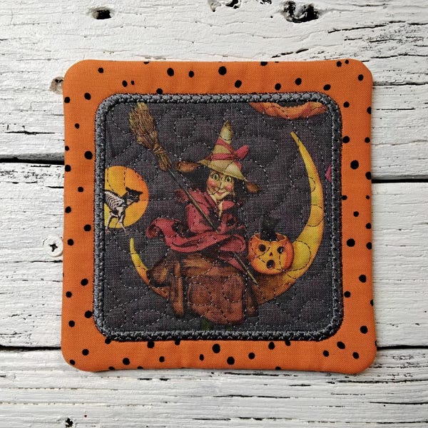 Vintage Halloween Witch Bat Cat - Cute Mug Rug Coaster - 5" x 5" - Whimsical - Quilted - Embroidered - NEW  Washable Coffee Mat  Candle