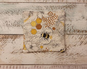 Bees - Super Cute Mug Rug Coaster - 5" x 5" - Whimsical - Quilted - Embroidered - NEW - Washable - Great Gift - Coffee Mat - Candle