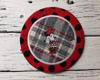 5" Round - Minnie Mouse - Cute Mug Rug Coaster  - Whimsical - Quilted - Embroidered - NEW - Washable - Great Gift - Coffee Mat - Candle