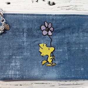 Woodstock Snoopy Embroidered Fabric Zipper Bag - Fully Lined - Lobster Claw Clasp - 5&quot; x 7&quot; Pencil Pouch - Makeup 100% Cotton Handmade