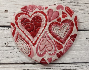 Valentine Hearts - Mug Rug Coaster - 5" x 5" - Whimsical - Quilted - Embroidered - NEW - Washable - Great Gift - Coffee Mat - Candle