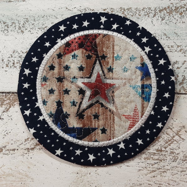 Stars and Stripes Bue Red Cute Mug Rug Coaster - 5" x 5" - Whimsical - Quilted - Embroidered - NEW - Washable  Great Gift Coffee Mat Candle