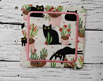 5" x 5" -  Black Cats -  Cute Mug Rug Coaster: Embroidered Quilted Coffee Mat - Washable - Whimsical - Great Gifts