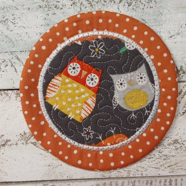 OWLS - Super Cute Mug Rug Coaster - 5" Round - Whimsical - Quilted - Embroidered - NEW - Washable - Great Gift - Coffee Mat - Candle...