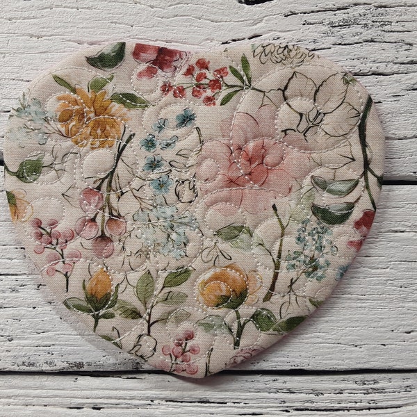 Flowers - Shabby Chic - Cute Mug Rug Coaster - 5" x 5" - Whimsical - Quilted - Embroidered - NEW - Washable - Great Gift - Coffee Mat