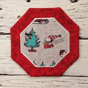 5" x 5" - Snoopy Sledding with Woodstock - Christmas Patchwork Mug Rug Coaster: Embroidered Quilted Coffee Mat - Great Gift Idea - Washable