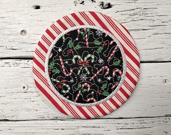 5" Round - Christmas Candy Cane  - Cute Mug Rug Coaster  - Whimsical - Quilted - Embroidered - NEW - Washable - Great Gift - Coffee Mat