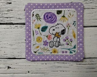 Snoopy & Woodstock - Flower - Cute Mug Rug Coaster - 5" x 5" - Whimsical - Quilted - Embroidered - NEW - Washable - Great Gift - Coffee Mat