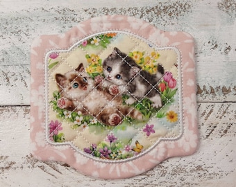 5" x 5" - KITTY Cats - Spring - Cute Mug Rug Coaster - Whimsical - Quilted - Embroidered - NEW - Washable - Great Gift - Coffee Mat - Candle