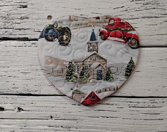 5" x 5" - Winter  Church and Trees - Mug Rug Coaster: Quilted  Coffee Mat - Washable - Great Gift