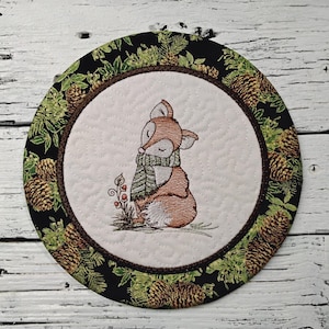 7.5" Round - Fox - Christmas Pinecones - Mug Rug Coaster - Large - Whimsical - Quilted - Embroidered - Washable - Great Gift - Coffee