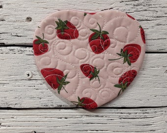 Strawberry - Cute Mug Rug Coaster - 5" x 5" - Whimsical - Quilted - Embroidered - NEW - Washable - Great Gift - Coffee Mat - Candle...
