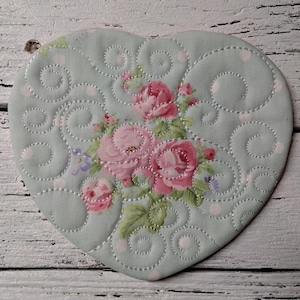 Flowers Shabby Chic - Cute Mug Rug Coaster - 5" x 5" - Whimsical - Quilted - Embroidered - NEW - Washable - Great Gift - Coffee Mat Candle