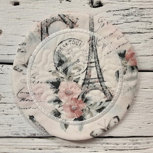 5&quot; Round - Paris Eiffel Tower - Mug Rug Coaster - Whimsical - Quilted - Embroidered - NEW - Washable - Great Gift - Coffee Mat - Candle...