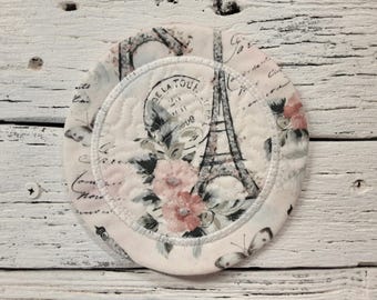 5" Round - Paris Eiffel Tower - Mug Rug Coaster - Whimsical - Quilted - Embroidered - NEW - Washable - Great Gift - Coffee Mat - Candle...