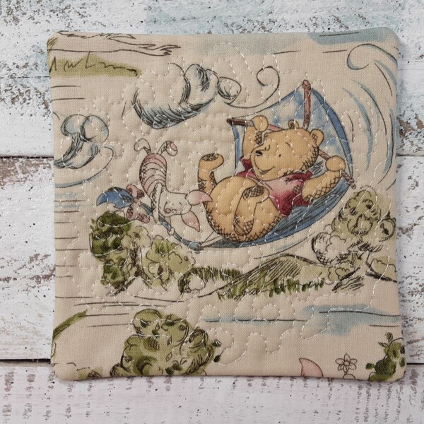 Pooh & Piglet Kite - Cute Mug Rug Coaster - 5" x 5" - Whimsical - Quilted - Embroidered - NEW - Washable - Great Gift - Coffee Mat - Candle