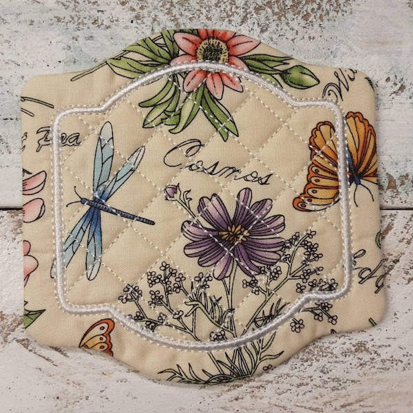 Cosmos Flower Dragonfly Cute Mug Rug Coaster - 5" x 5" - Whimsical - Quilted - Embroidered - NEW - Washable  Great Gift  Coffee Mat Candle