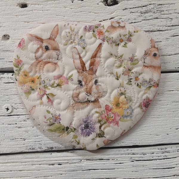 Bunny Rabbit Flower - Cute Mug Rug Coaster - 5" x 5" - Whimsical - Quilted - Embroidered - NEW - Washable - Great Gift - Coffee Mat - Candle