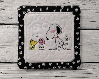 5" x 5" - Snoopy & Woodstock Flower -   Mug Rug Coaster: Embroidered Quilted Coffee Mat - Washable - Great Gifts