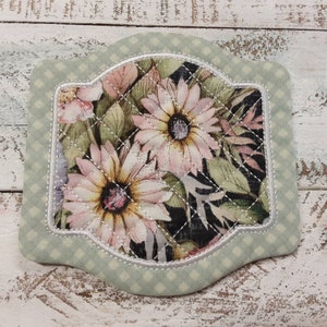 Flowers - Super Cute Mug Rug Coaster - 5" x 5" - Whimsical - Quilted - Embroidered - NEW - Washable - Great Gift - Coffee Mat - Candle...