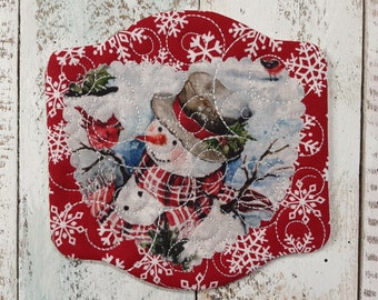 5&quot; x 5&quot; - SNOWMAN & Cardinal - Cute Mug Rug Coaster  - Whimsical - Quilted - Embroidered - NEW - Washable - Great Gift - Coffee Mat - Candle