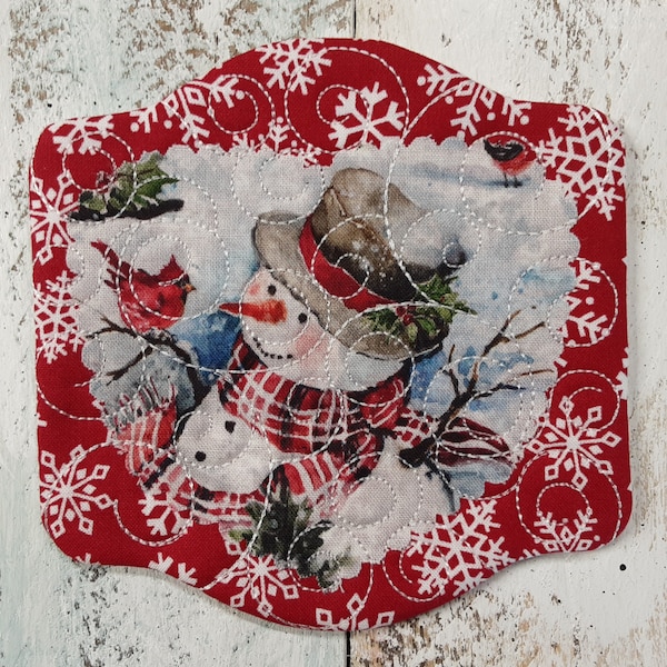SNOWMAN- Super Cute Mug Rug Coaster - 5" x 5" - Whimsical - Quilted - Embroidered - NEW - Washable - Great Gift - Coffee Mat - Candle