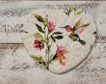 Hummingbirds  - Cute Mug Rug Coaster - 5" x 5" - Whimsical - Quilted - Embroidered - NEW - Washable - Great Gift - Coffee Mat - Candle